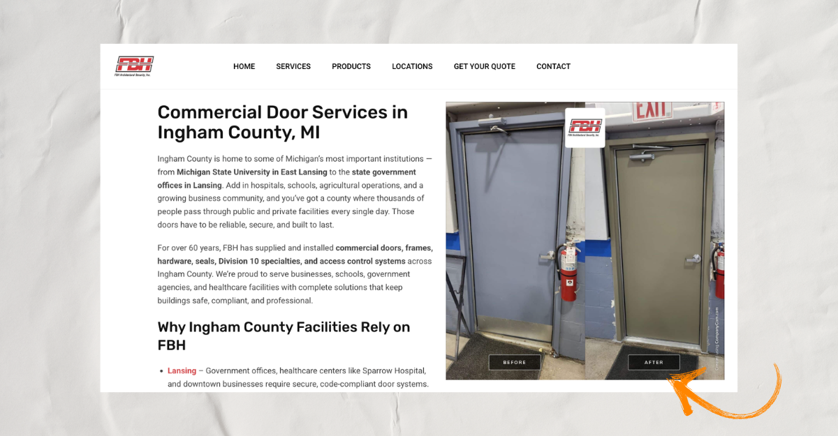 graphic showing a screenshot of fbh architectural security location page with an orange arrow pointing to a before and after photo created using companycam