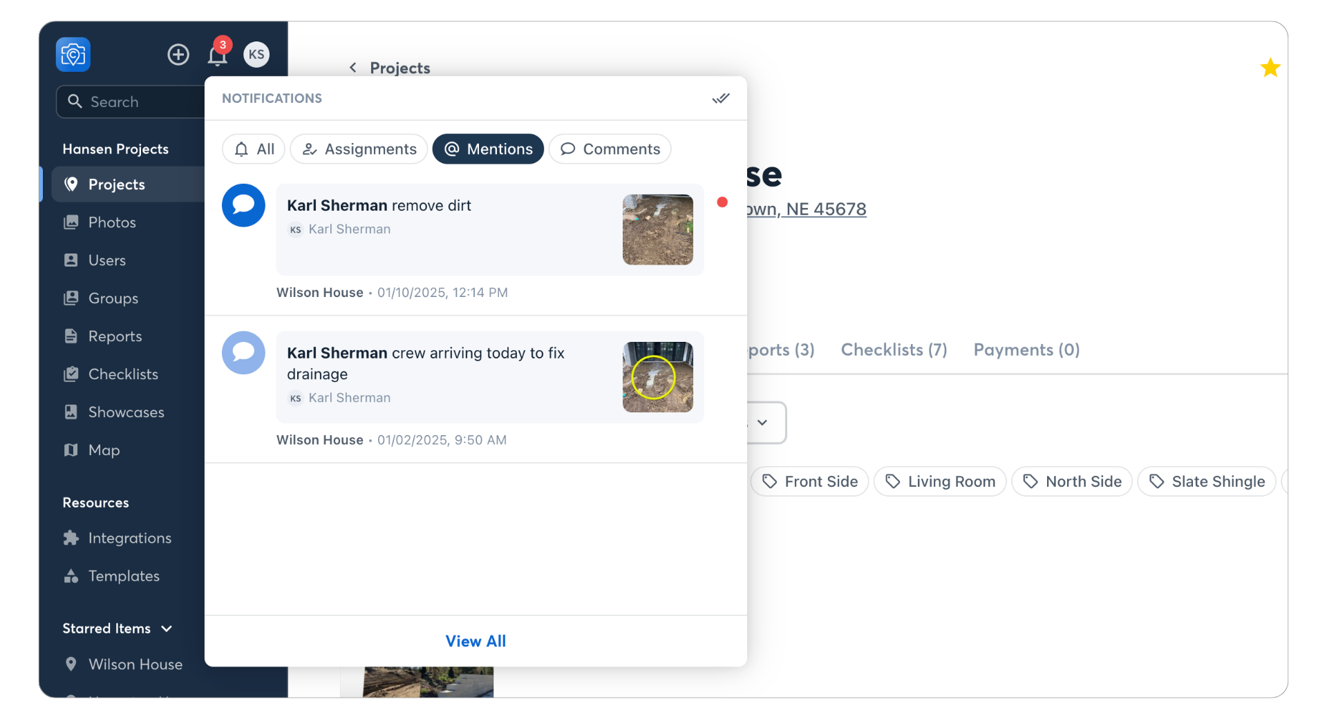User reviews project mentions in CompanyCam notifications showing photo updates.
