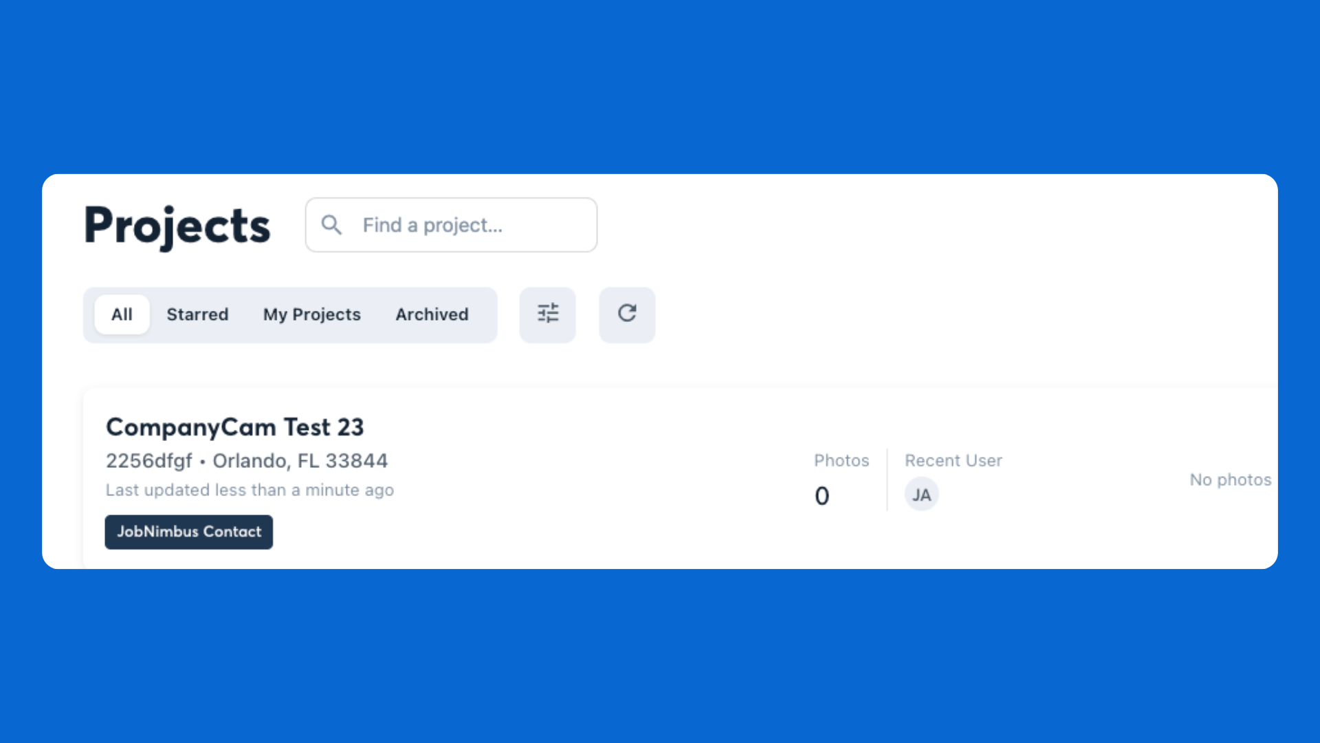 CompanyCam project dashboard showing a JobNimbus contact sync