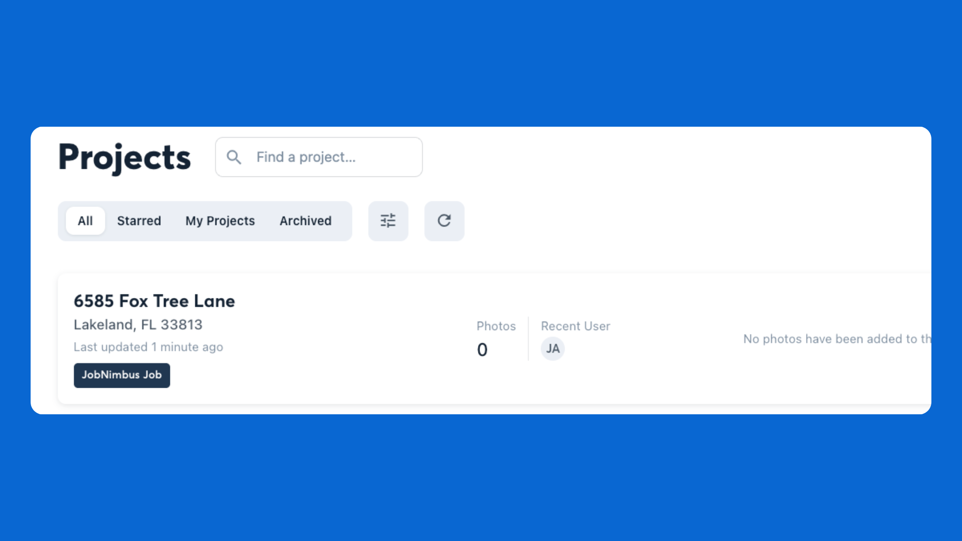 CompanyCam project dashboard showing a JobNimbus job sync