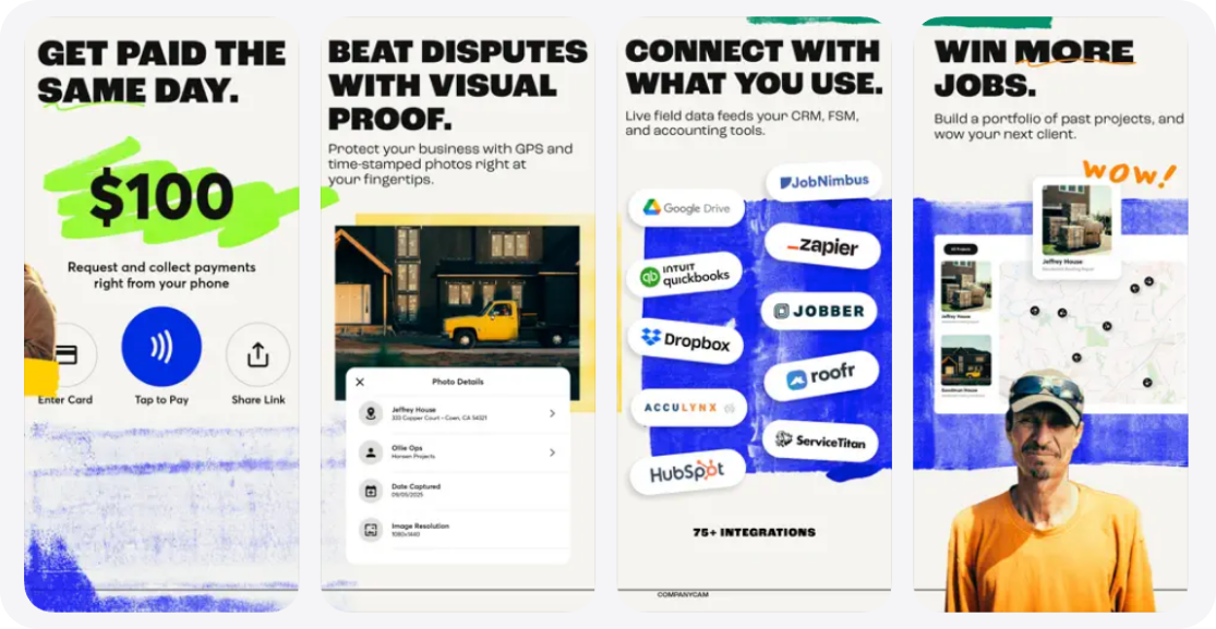 CompanyCam mobile app features for contractors, including same-day payments, visual jobsite documentation, integrations, and project portfolios.