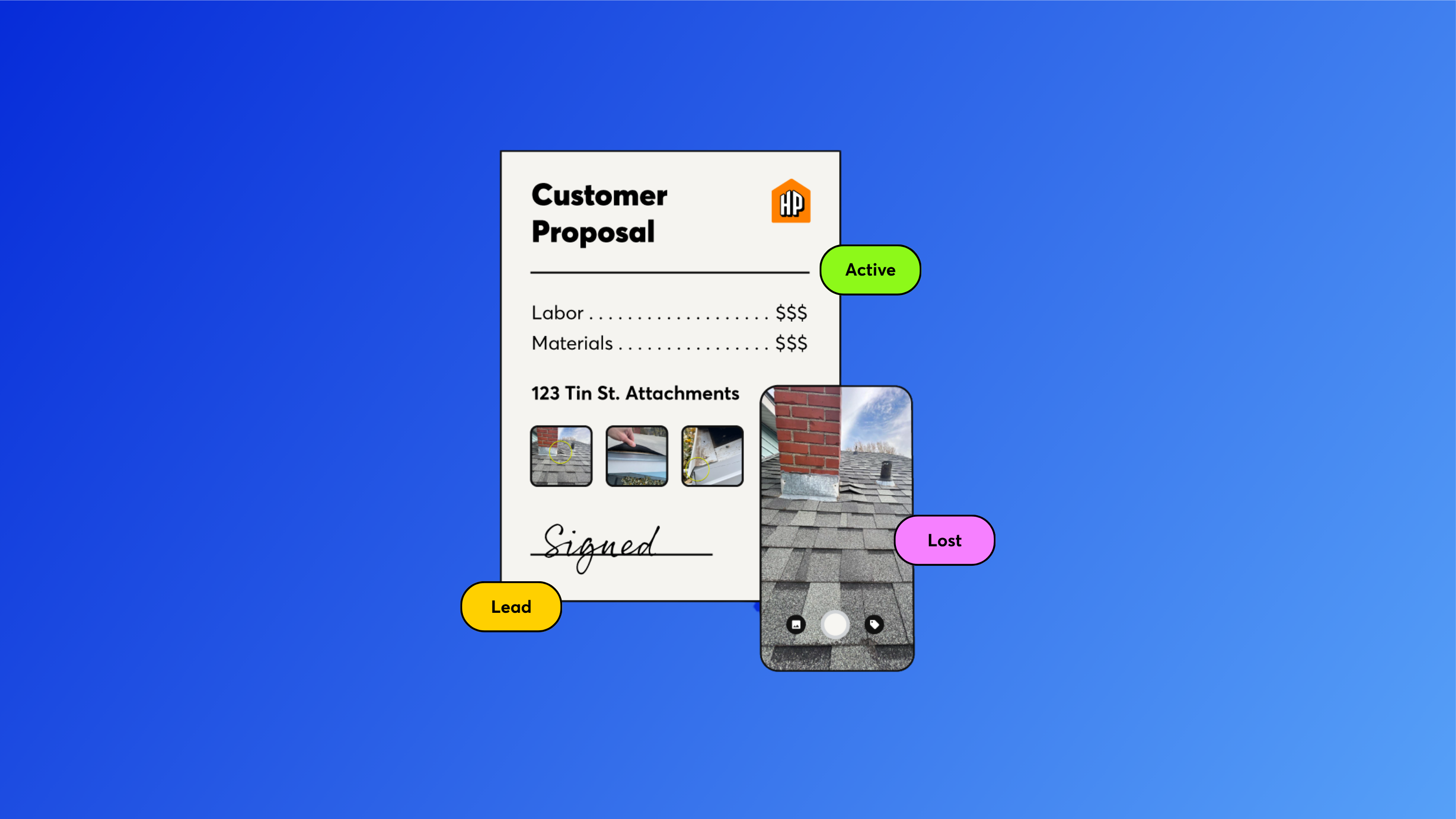 CompanyCam Sales Suite showing a customer proposal, job site photos, and project status labels for tracking sales pipeline.
