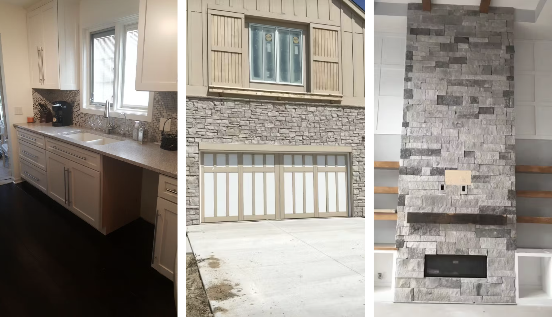 Photos of finished craftsmanship including a modern kitchen with tile backsplash, a stone-accented garage exterior, and a custom-built stone fireplace.