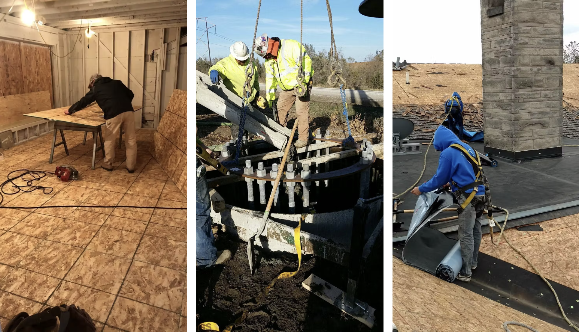 Photos of contractors working on job sites including floor cutting, utility installation, and roof material application.