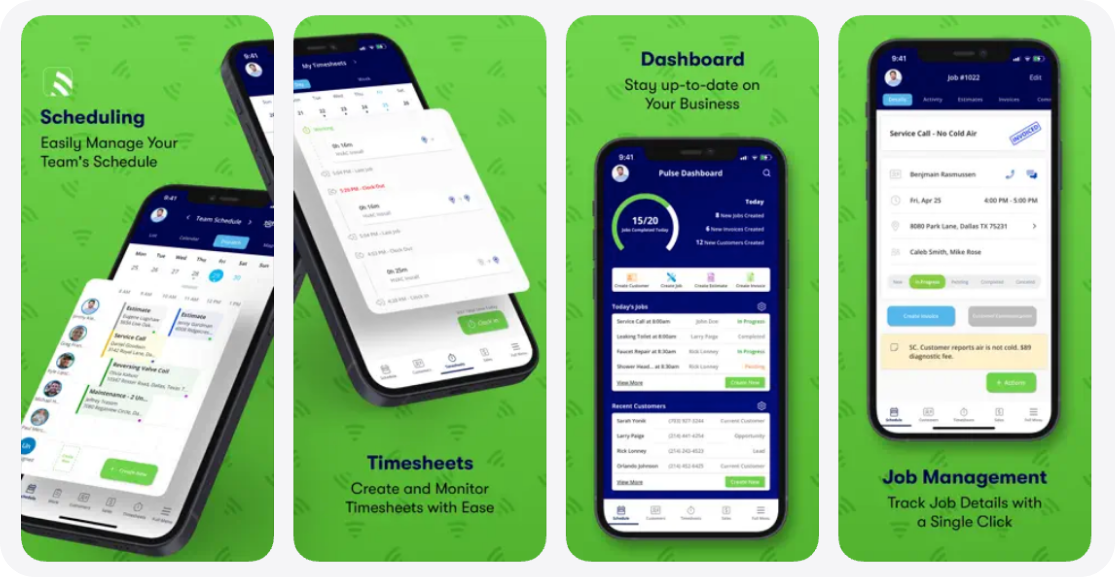 FieldPulse field service management app showing scheduling, timesheets, business dashboard, and job management features.