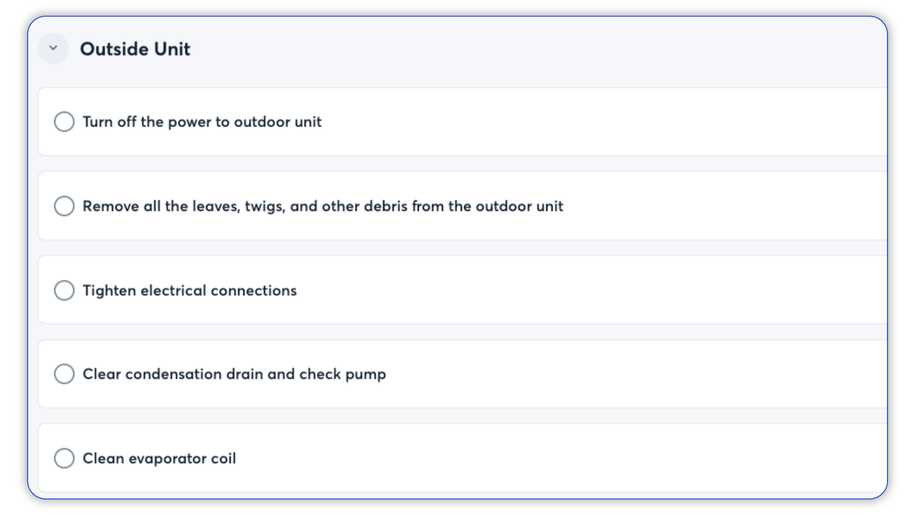 CompanyCam HVAC maintenance checklist with tasks for inspecting and servicing an outdoor unit.