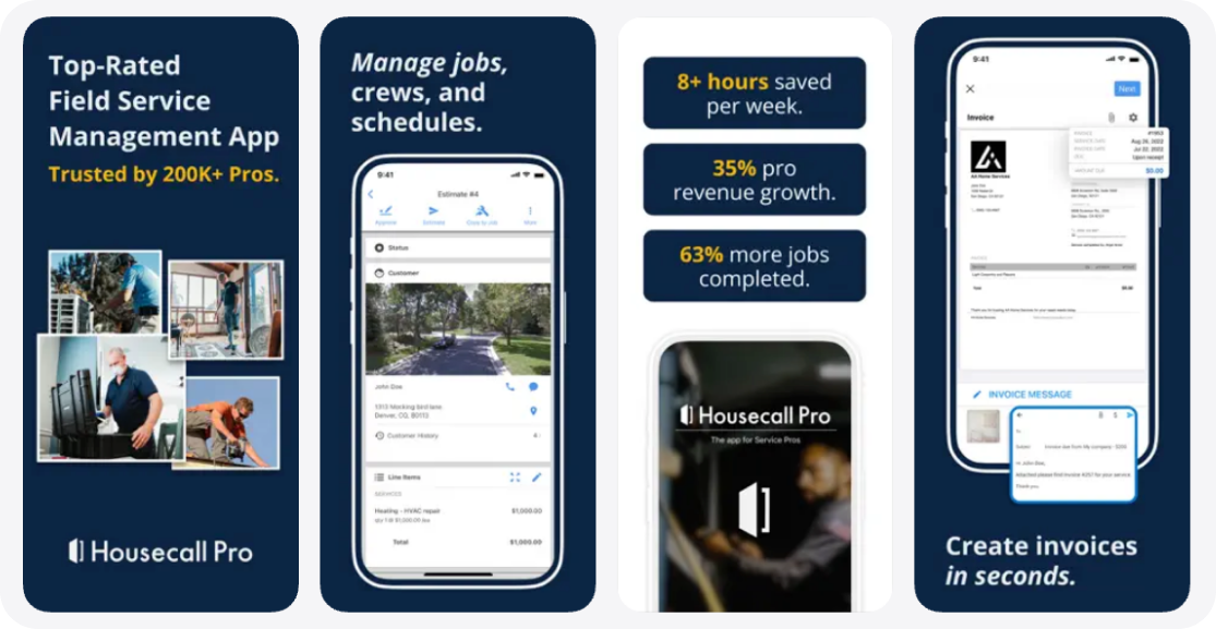 Housecall Pro field service management app showing job scheduling, crew management, business performance metrics, and invoicing.