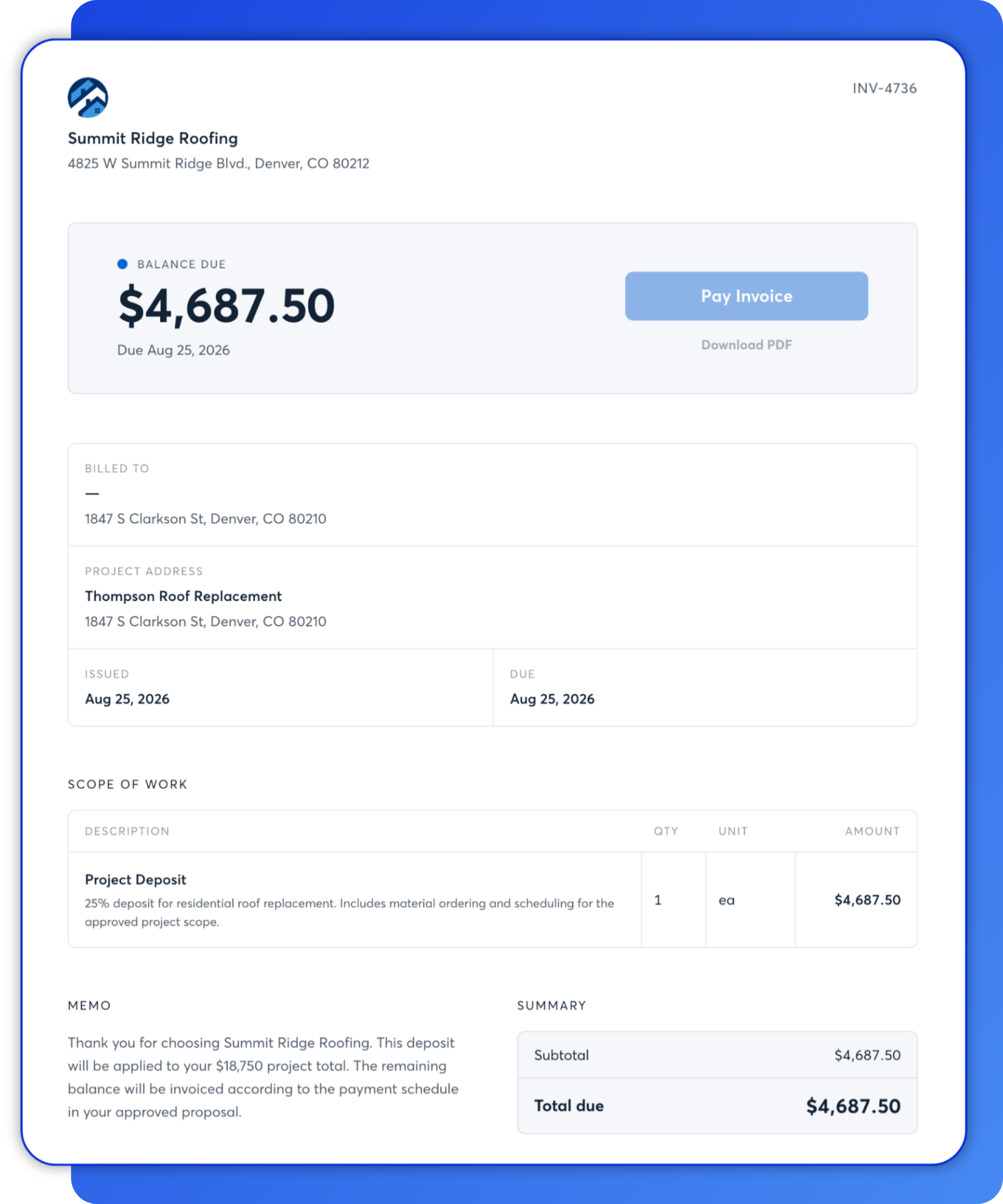 Contractor invoice for a residential roof replacement showing a $4,687.50 project deposit, payment due date, scope of work, and billing summary.