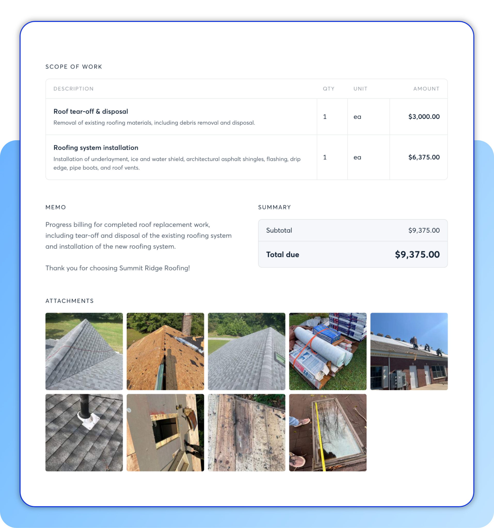 CompanyCam invoice showing project photos attached to line items for clear documentation of completed work.