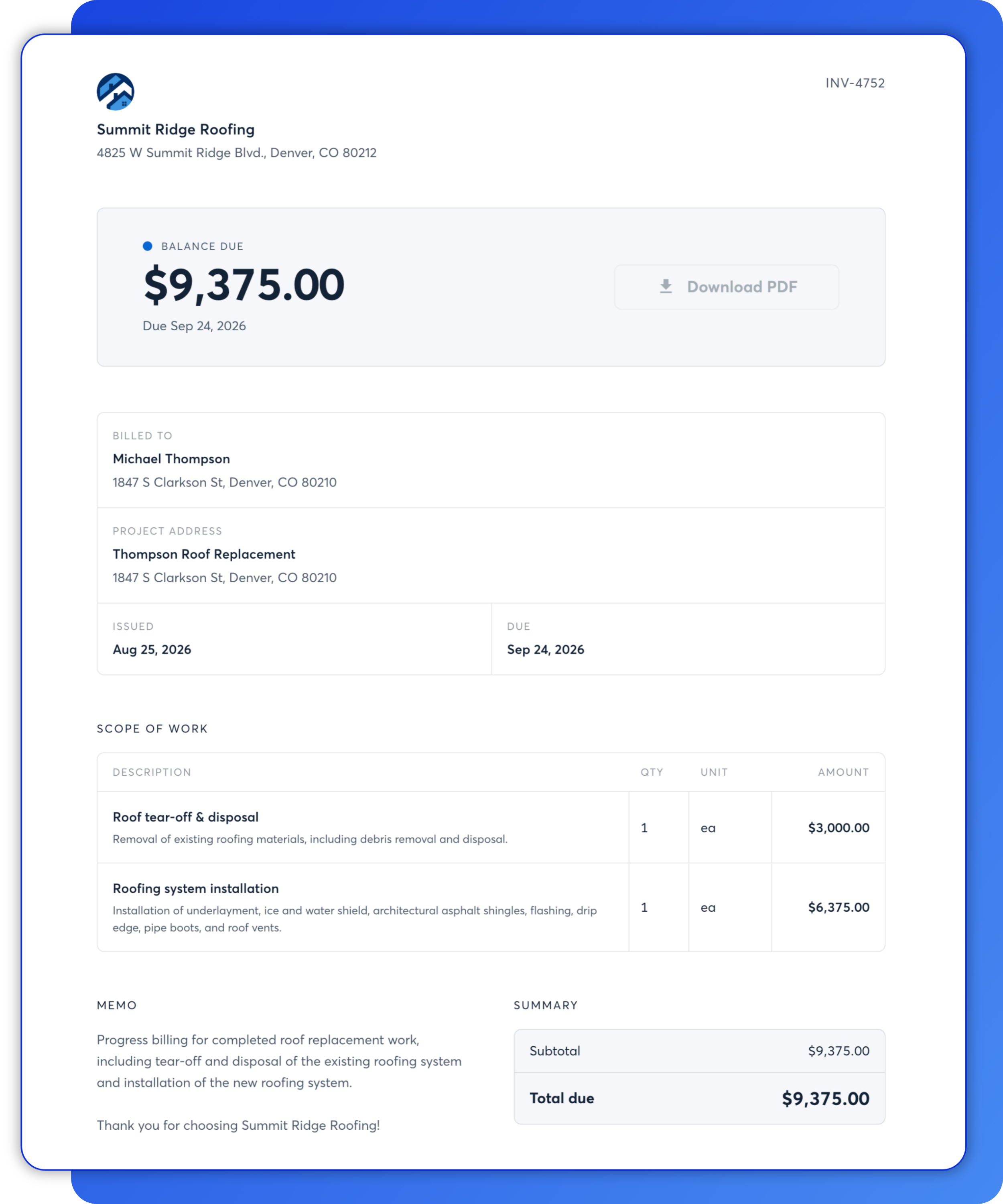Progress invoice for a residential roof replacement showing $9,375 due for completed roof tear-off, disposal, and roofing system installation.