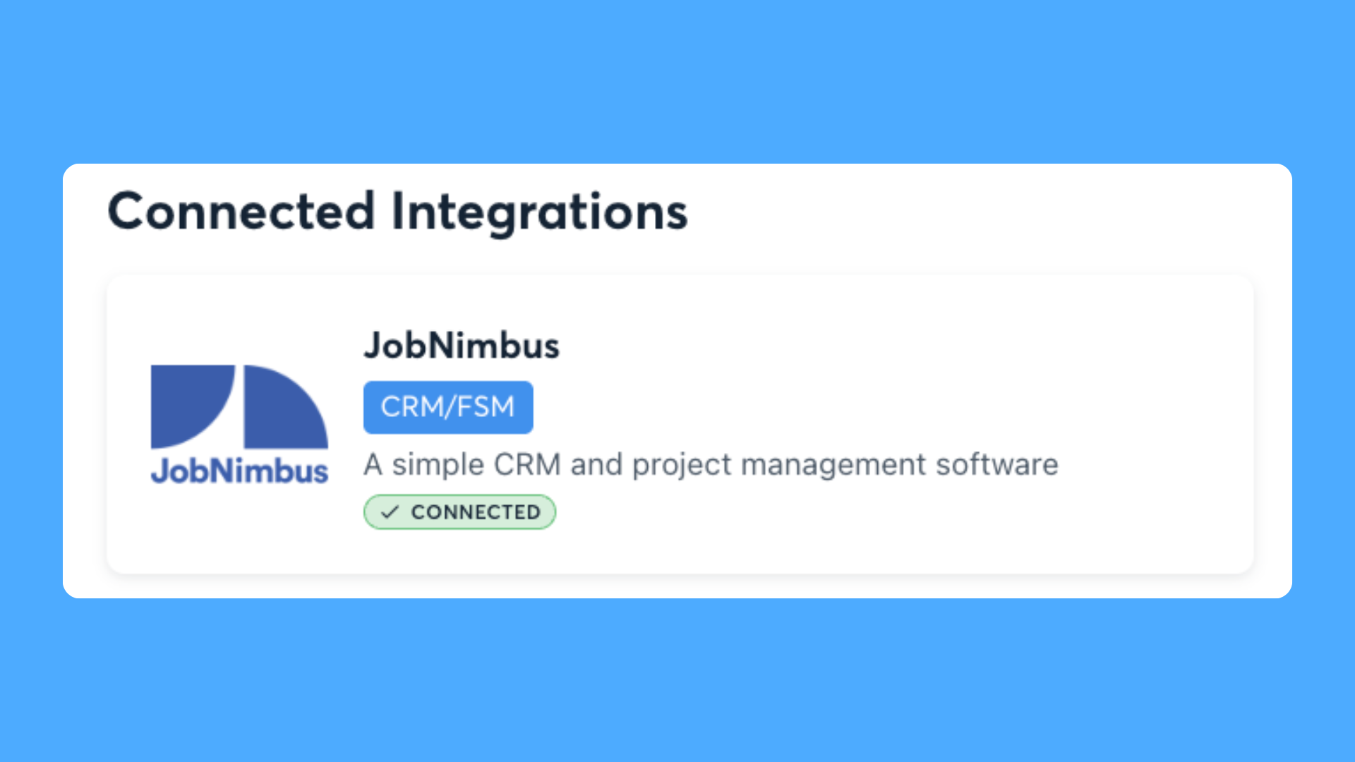 JobNimbus integration status showing connected CRM and project management software in CompanyCam