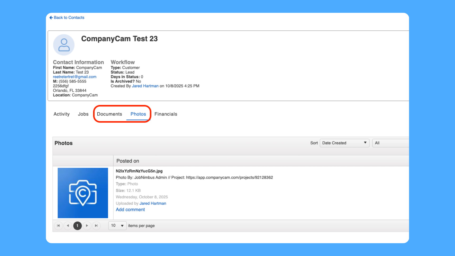 JobNimbus contact profile with CompanyCam photo tab selected and one image uploaded