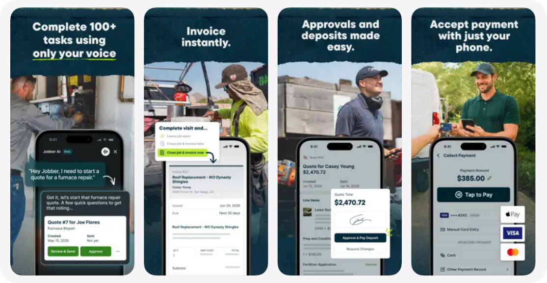Jobber field service app showing AI-assisted tasks, invoicing, customer approvals and deposits, and Tap to Pay.