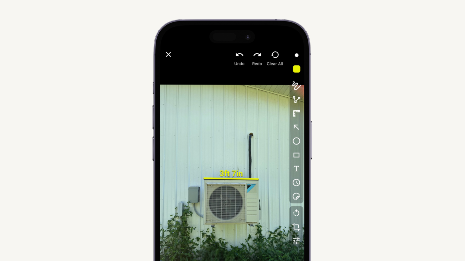 Mobile view of LiDAR measurement in CompanyCam, showing a 3ft 7in distance across an AC unit.