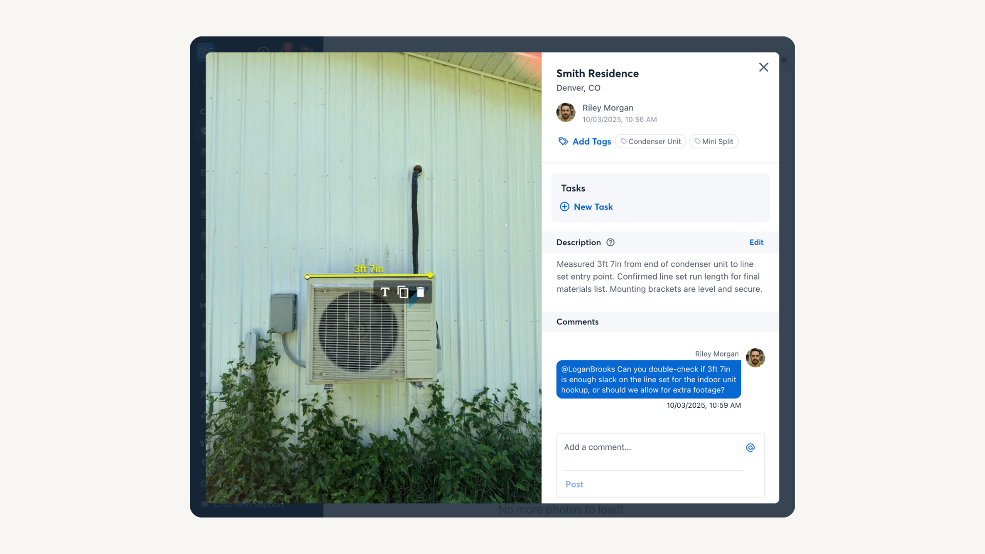 CompanyCam desktop interface showing a 3ft 7in LiDAR measurement on a condenser unit, with a detailed description confirming line set length and a comment tagging a teammate to verify if extra footage is needed for hookup.