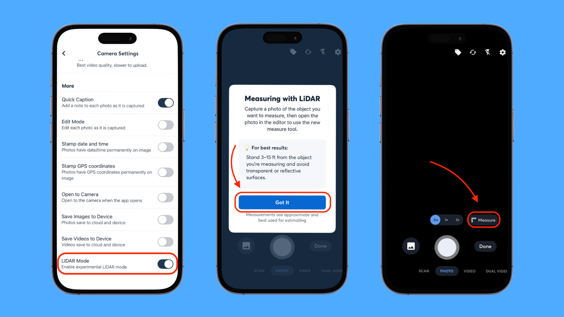 Three smartphone screens showing how to enable LiDAR Mode in CompanyCam, capture photos, and start measuring objects on job sites.