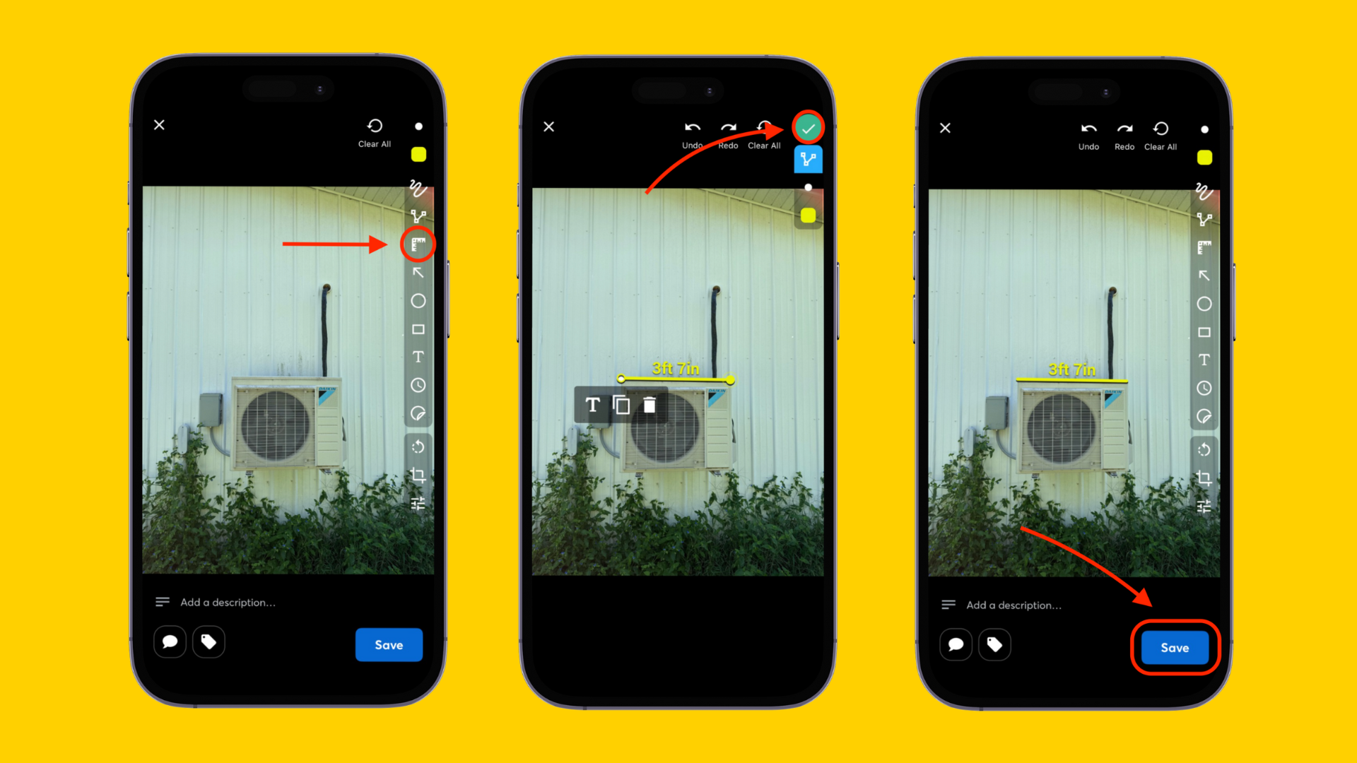 Step-by-step visual of measuring with LiDAR in CompanyCam’s mobile editor, highlighting the measuring tool and save options.