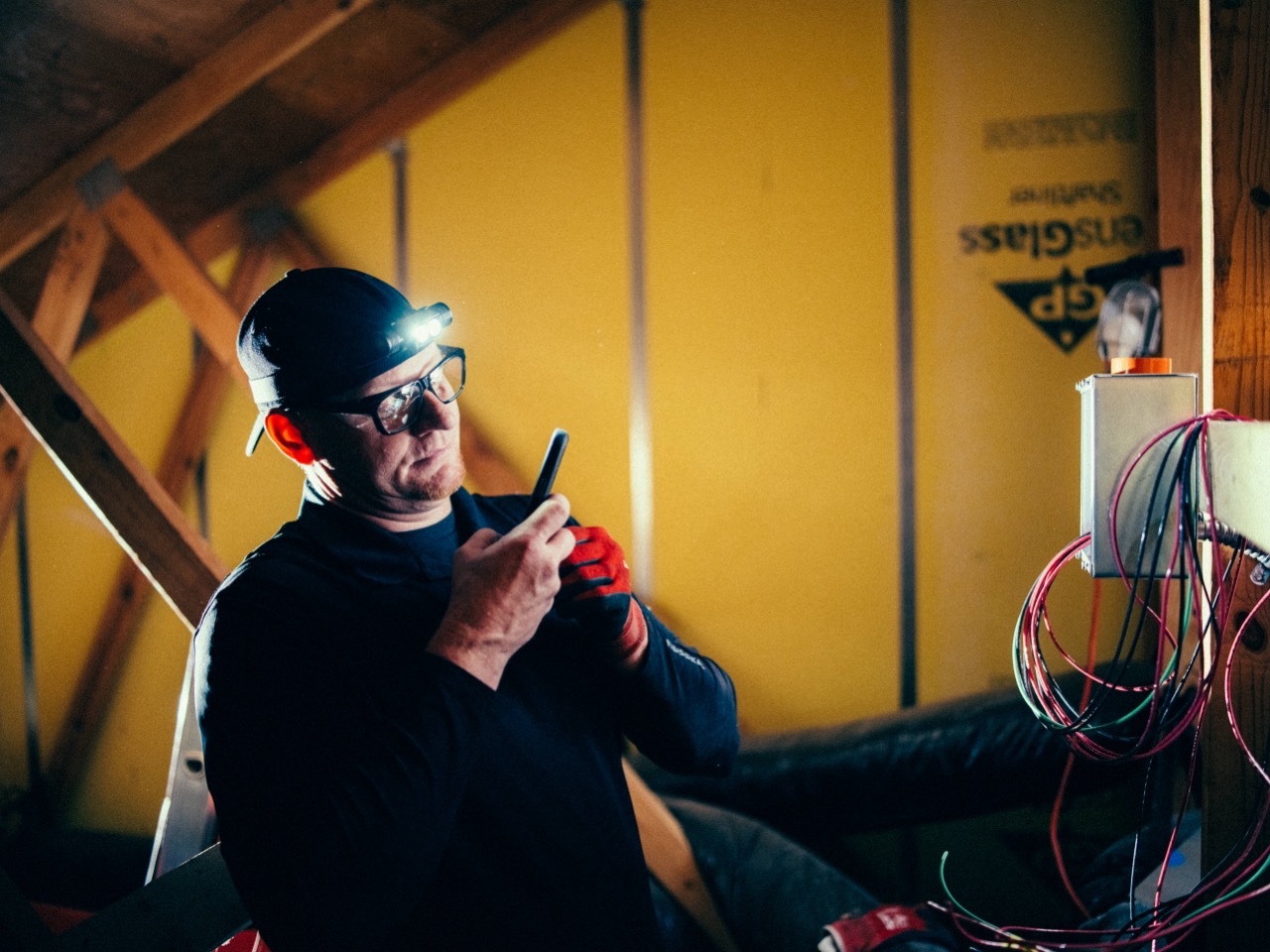 Contractor works in an attic or crawl space using phone to document work being done at the job site