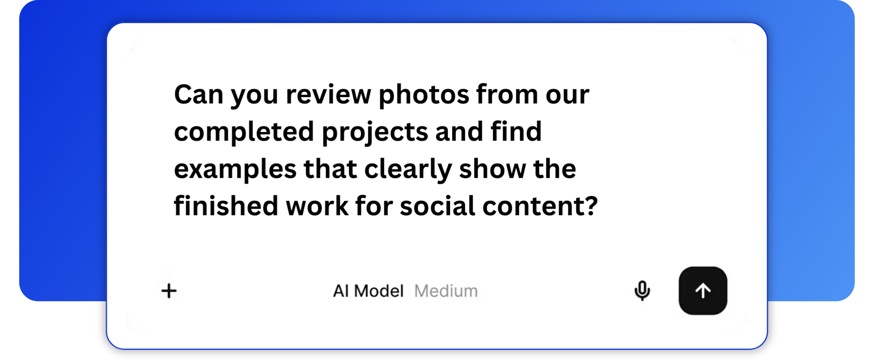 AI prompt asking CompanyCam MCP to review photos from completed projects and find examples of finished work for social media content.