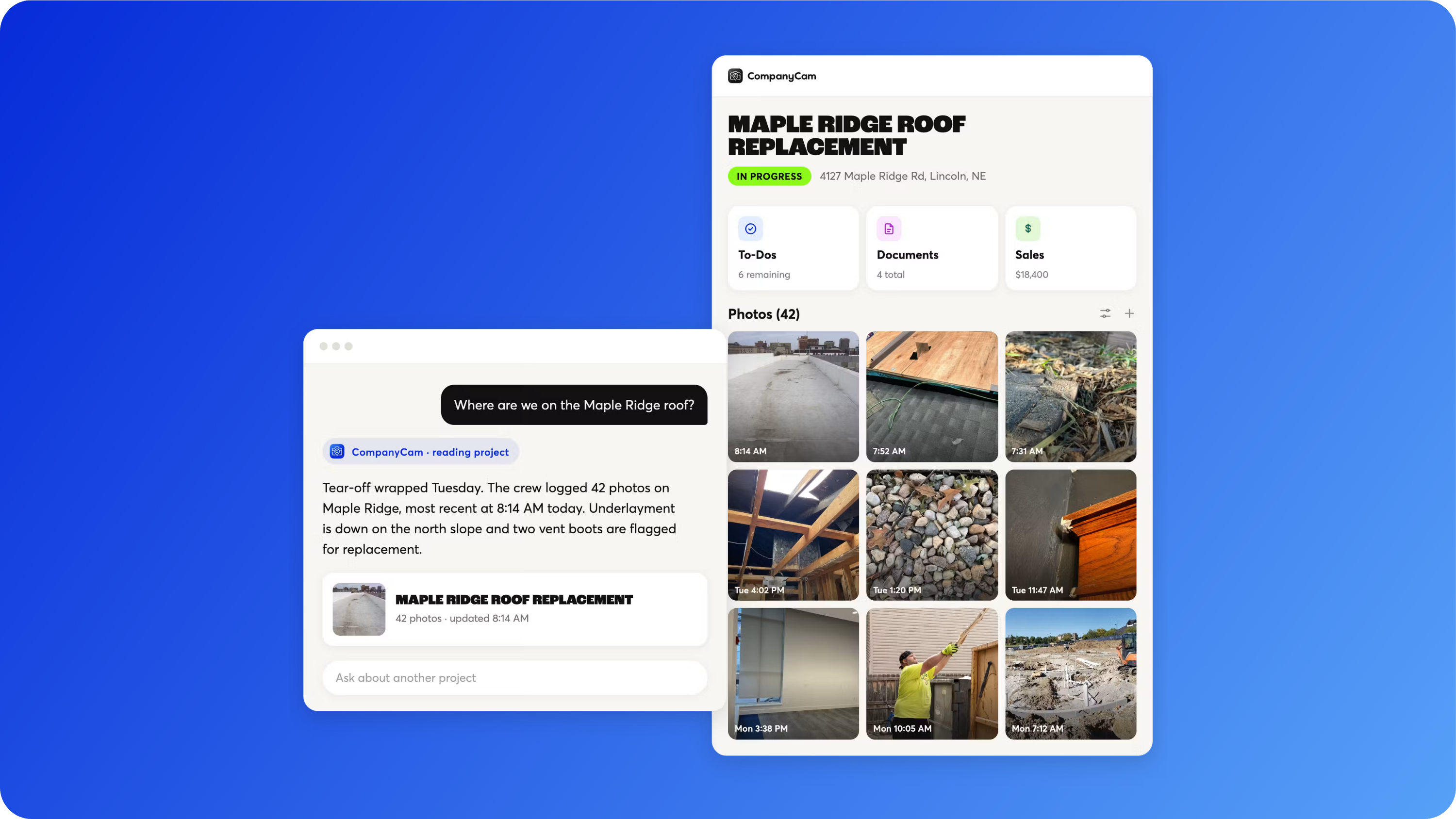 CompanyCam MCP Server connecting AI chat to jobsite photos and project status for a roof replacement.