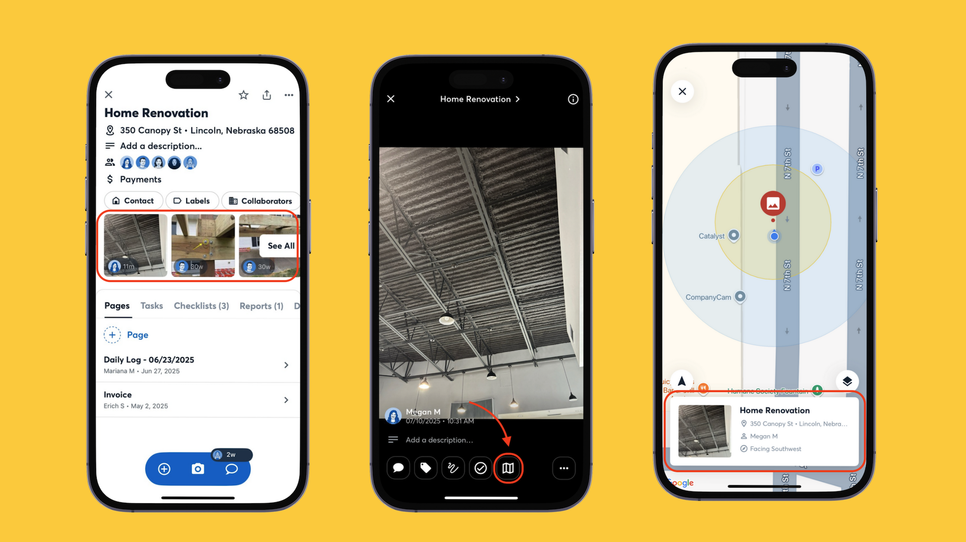 Mobile screens showing how CompanyCam’s “Map This Photo” feature lets users view and track photo locations on a map.
