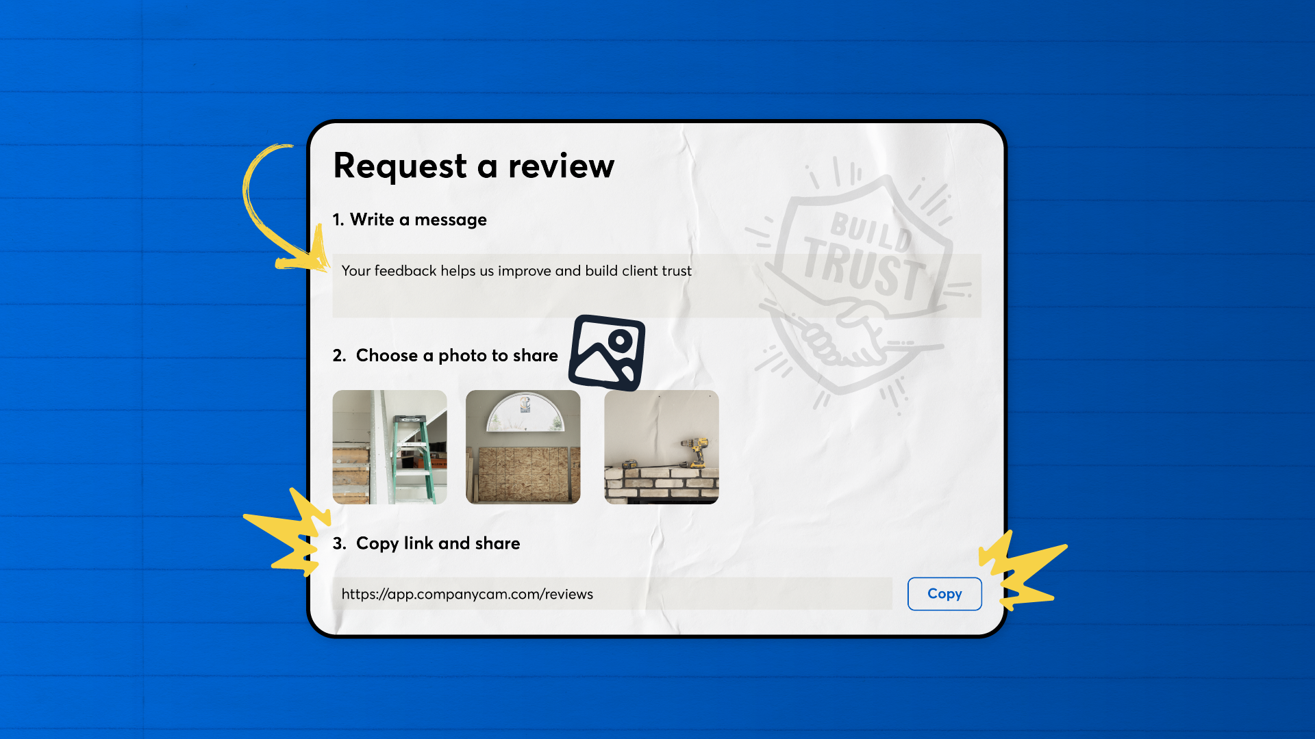 three step guide to request a review by writing a message adding photos and copying a shareable link
