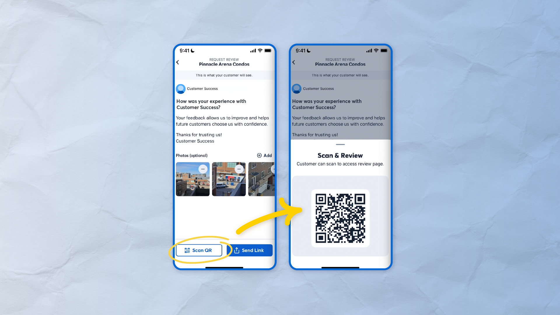 mobile interface of CompanyCam’s review request feature showing a QR code and the option to send a link, allowing customers to leave feedback with photos