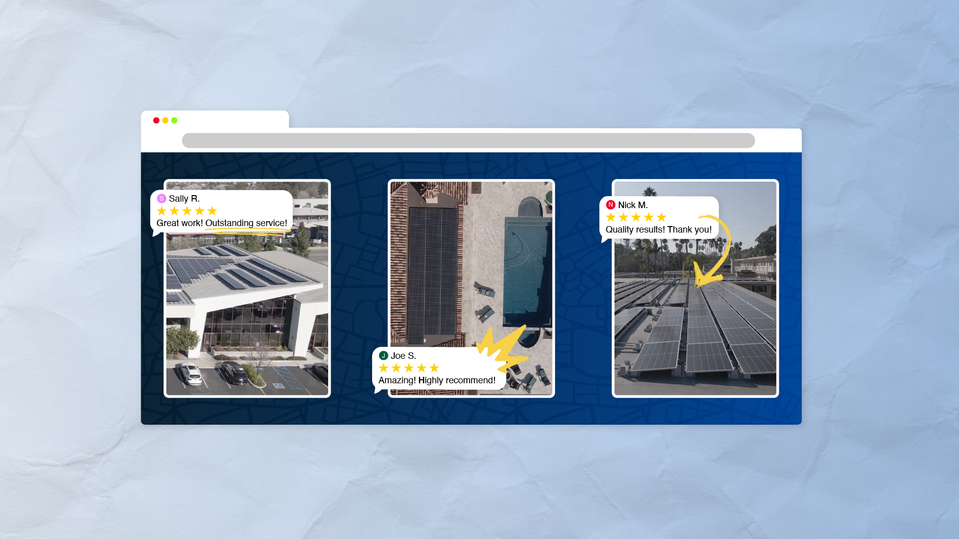 customer photo reviews of solar panel installations displayed on a website layout, each with 5-star ratings and comments from happy customers