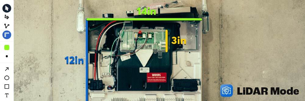 Open electrical panel measured with CompanyCam LiDAR Mode, showing in-photo measurements of 14 inches wide, 12 inches tall, and 3 inches deep using the mobile editor’s digital tools.