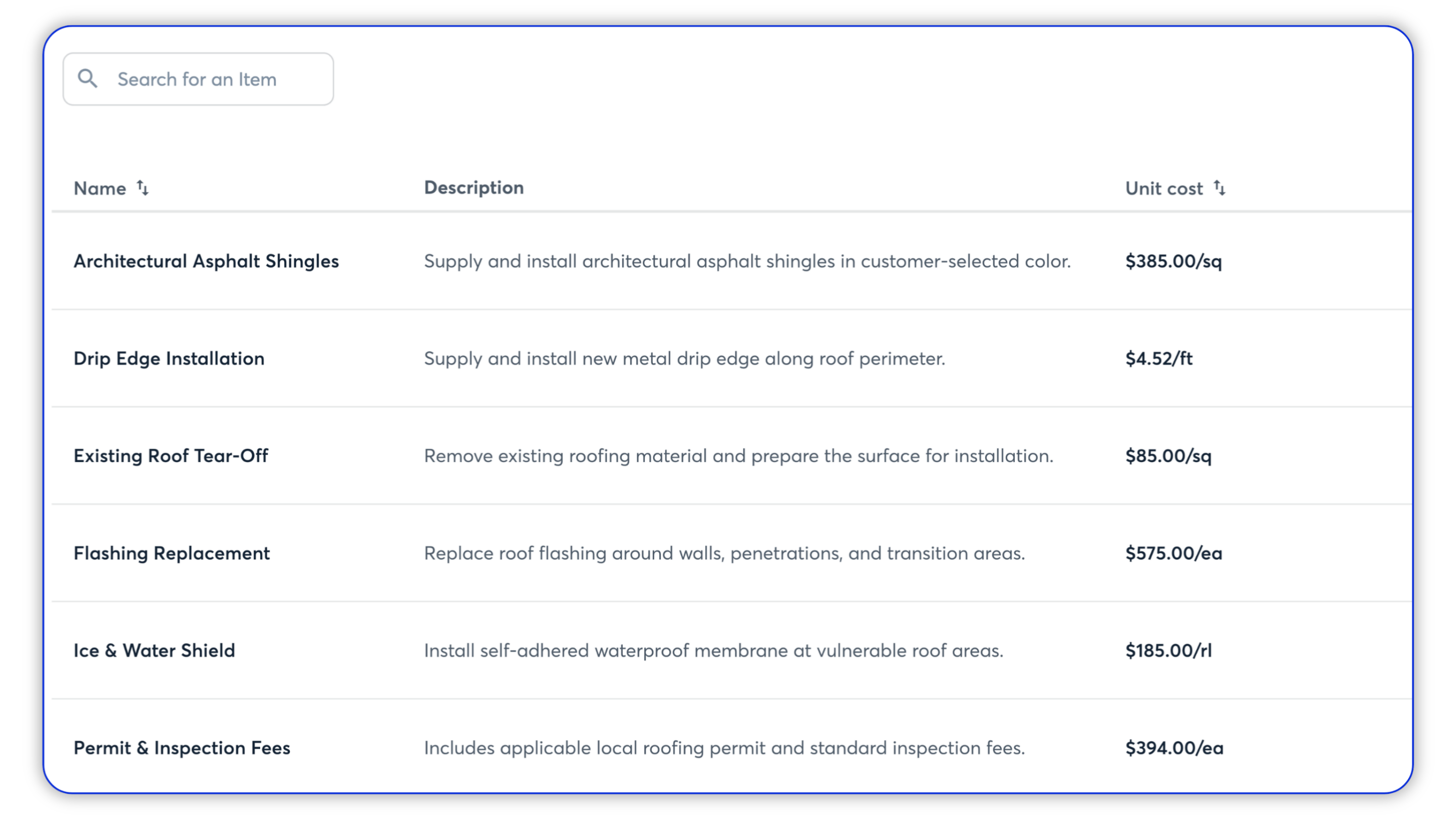 Roofing contractor price book with itemized services, descriptions, and unit costs for shingles, tear-off, flashing, and other roof replacement work.