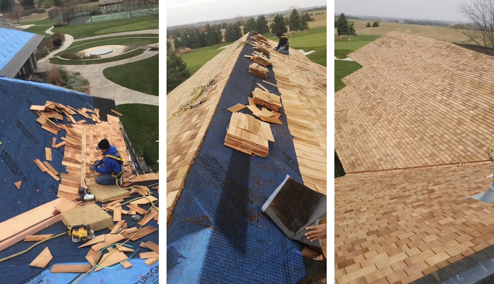 Photos showing the roofing process with cedar shake installation from start to finish on a large residential roof.