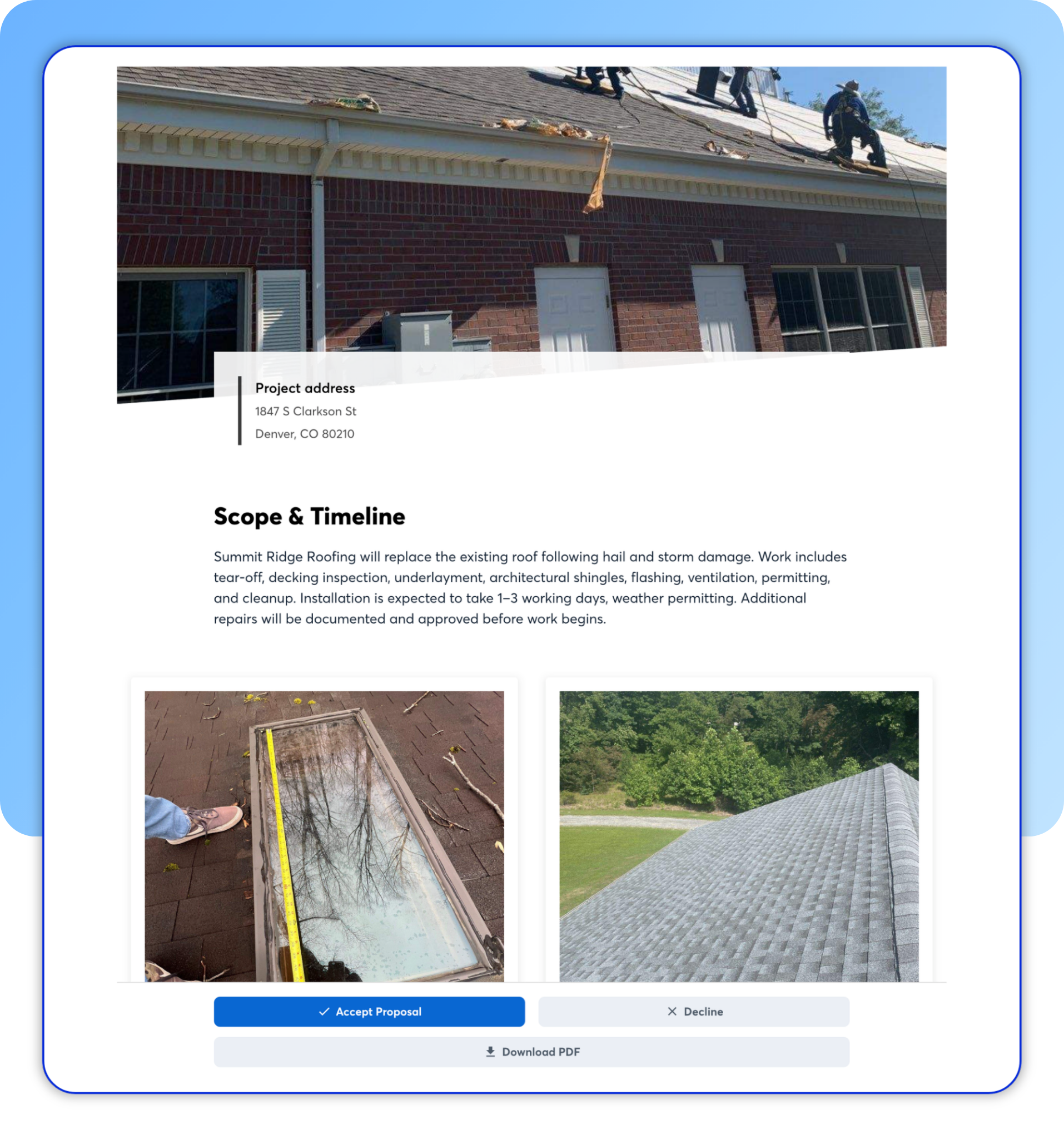 CompanyCam proposal showing project photos alongside line items, pricing, and customer approval details.