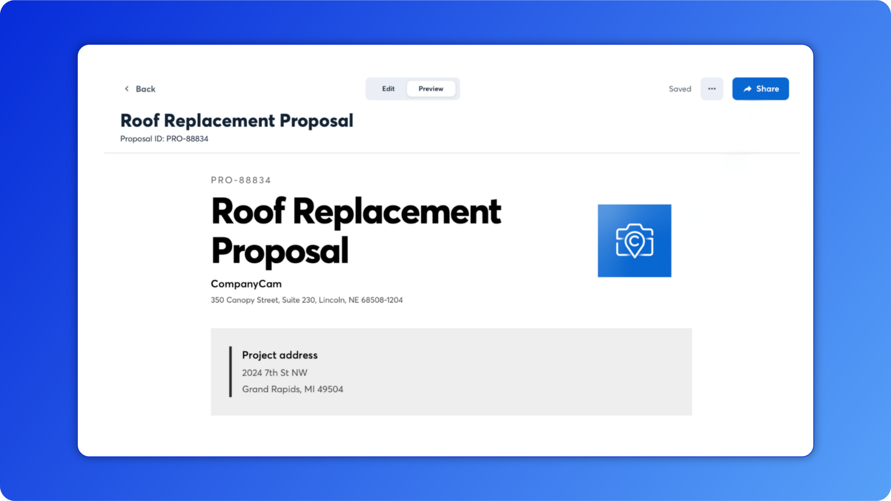 CompanyCam proposal builder displaying a roof replacement proposal with project details, pricing, and customer-ready quote preview.