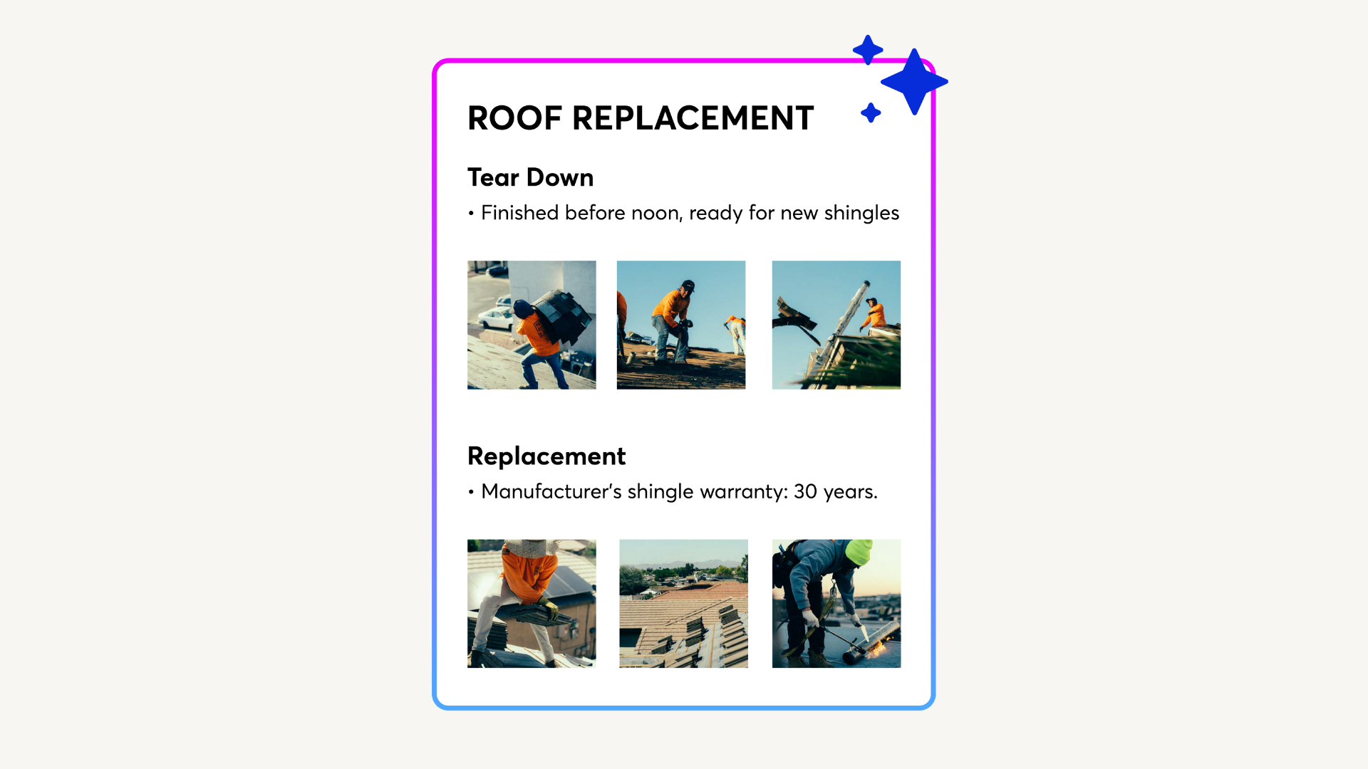 Daily log report with photo documentation of a roof replacement project. Includes tear down progress and shingle installation for accurate job tracking.