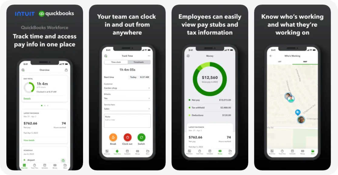 QuickBooks Workforce app showing employee time tracking, pay information, pay stubs, and workforce location tracking.
