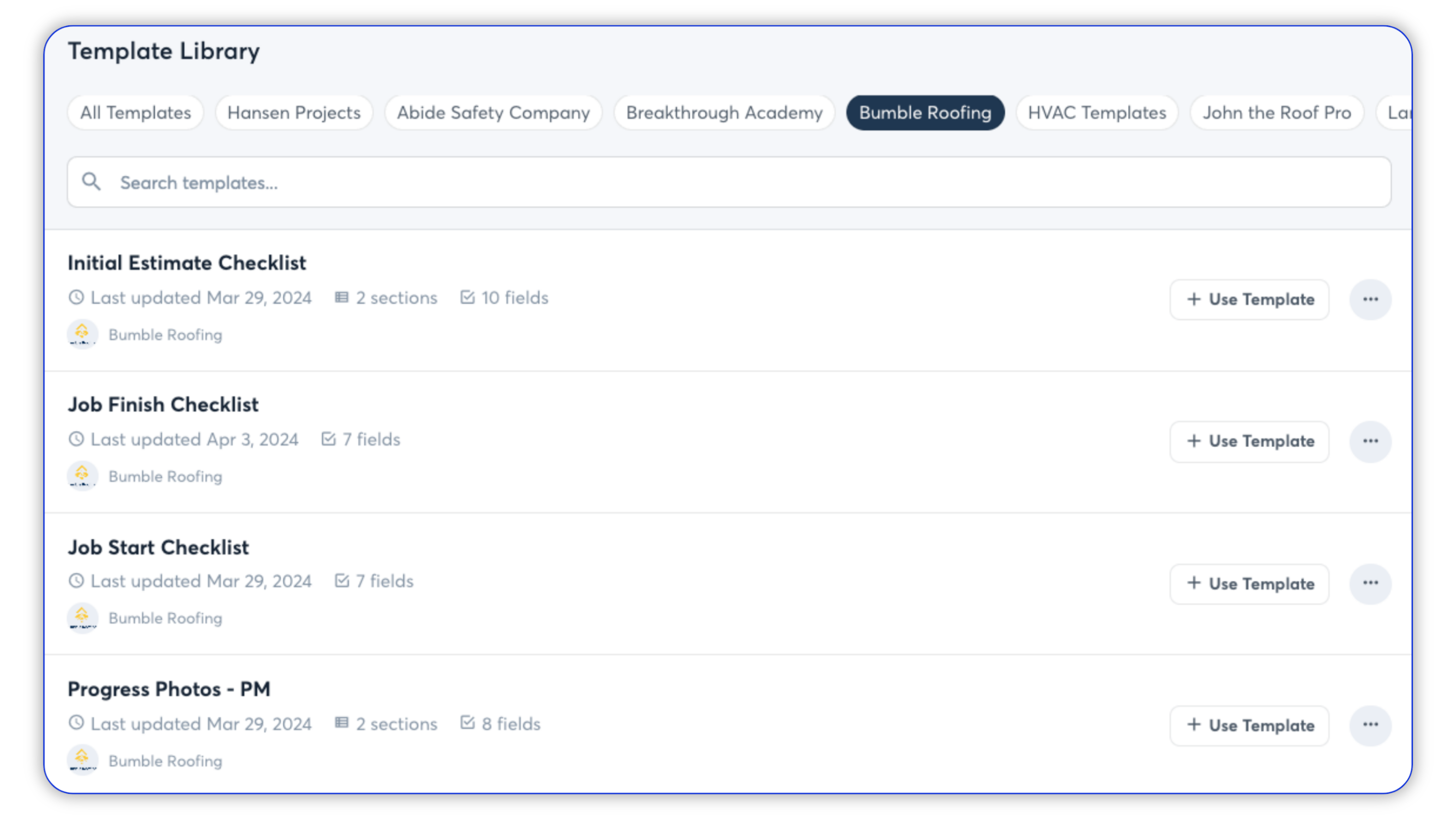 CompanyCam Template Library showing roofing checklist templates for estimates, job starts, job completion, and progress photos.