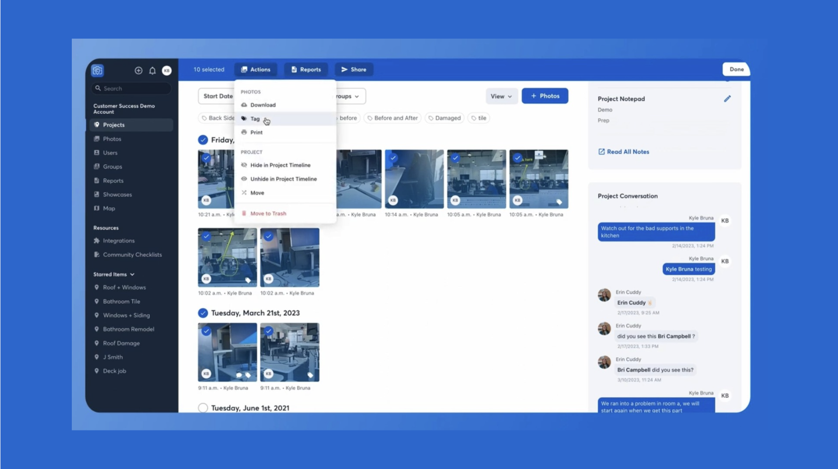 Screenshot of a project dashboard showing photo management options, tags, and a project conversation sidebar.