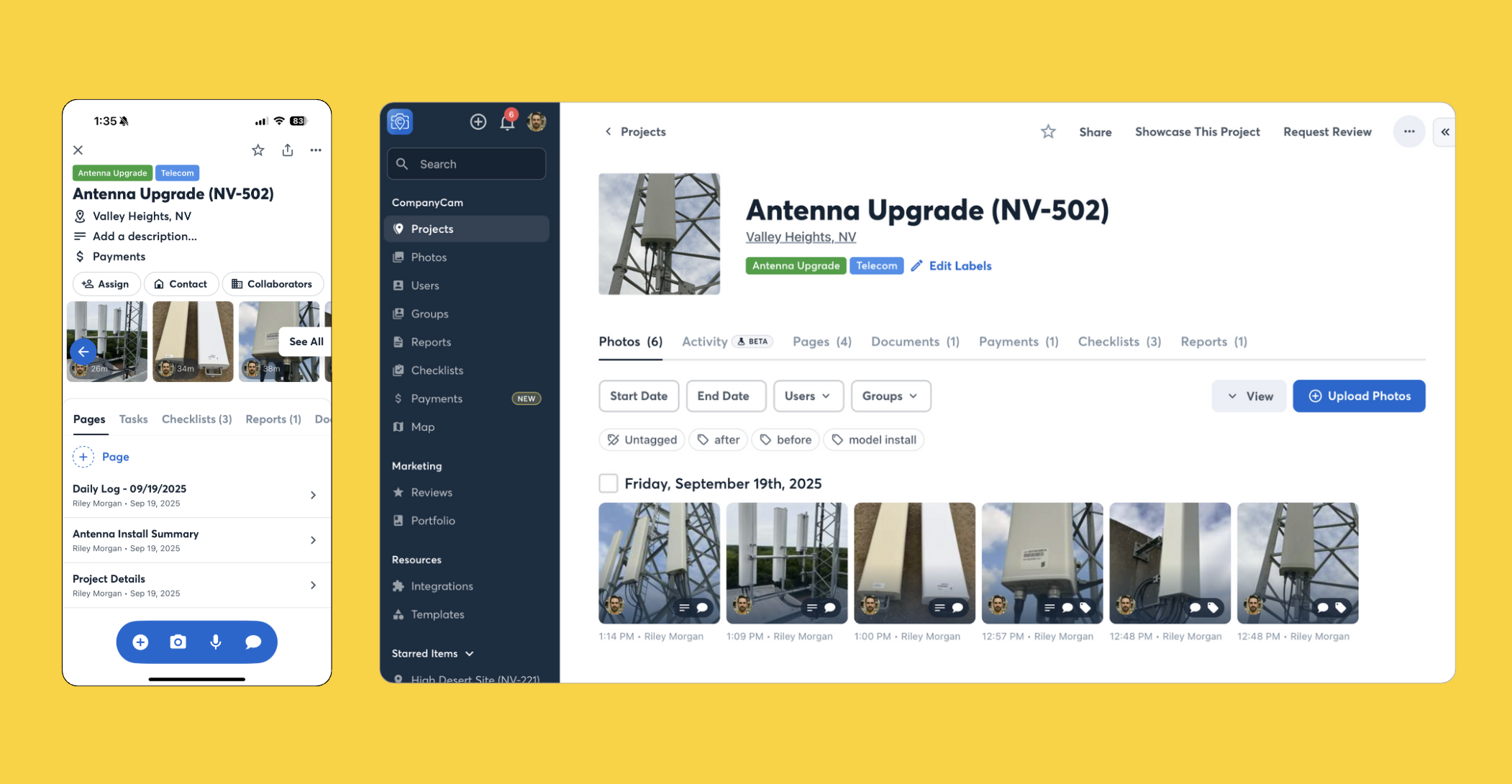 User reviews project photos and labels in CompanyCam web and mobile interface.