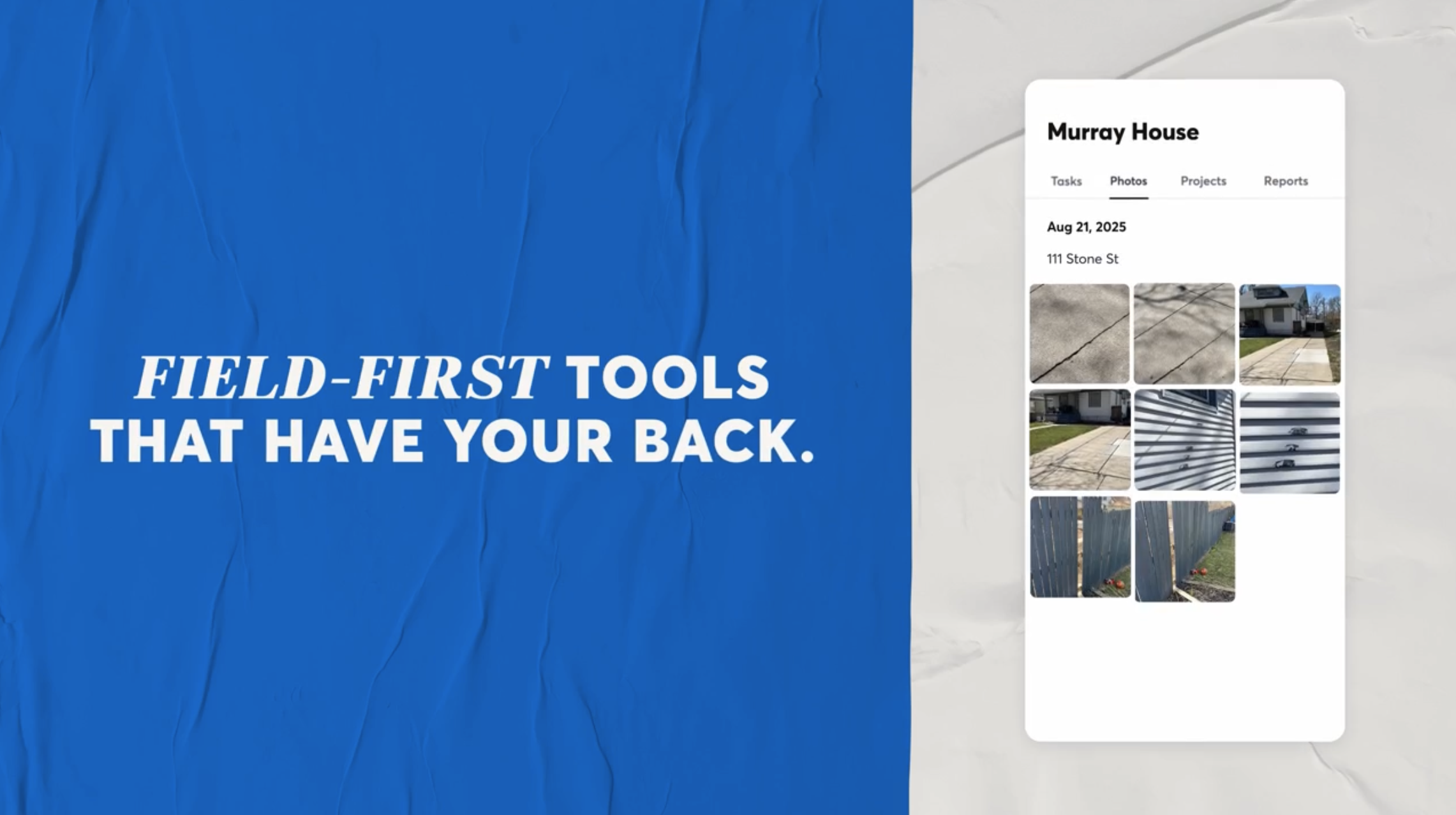 CompanyCam mobile project gallery with photos of a house, alongside text that says “Field-first tools that have your back.”
