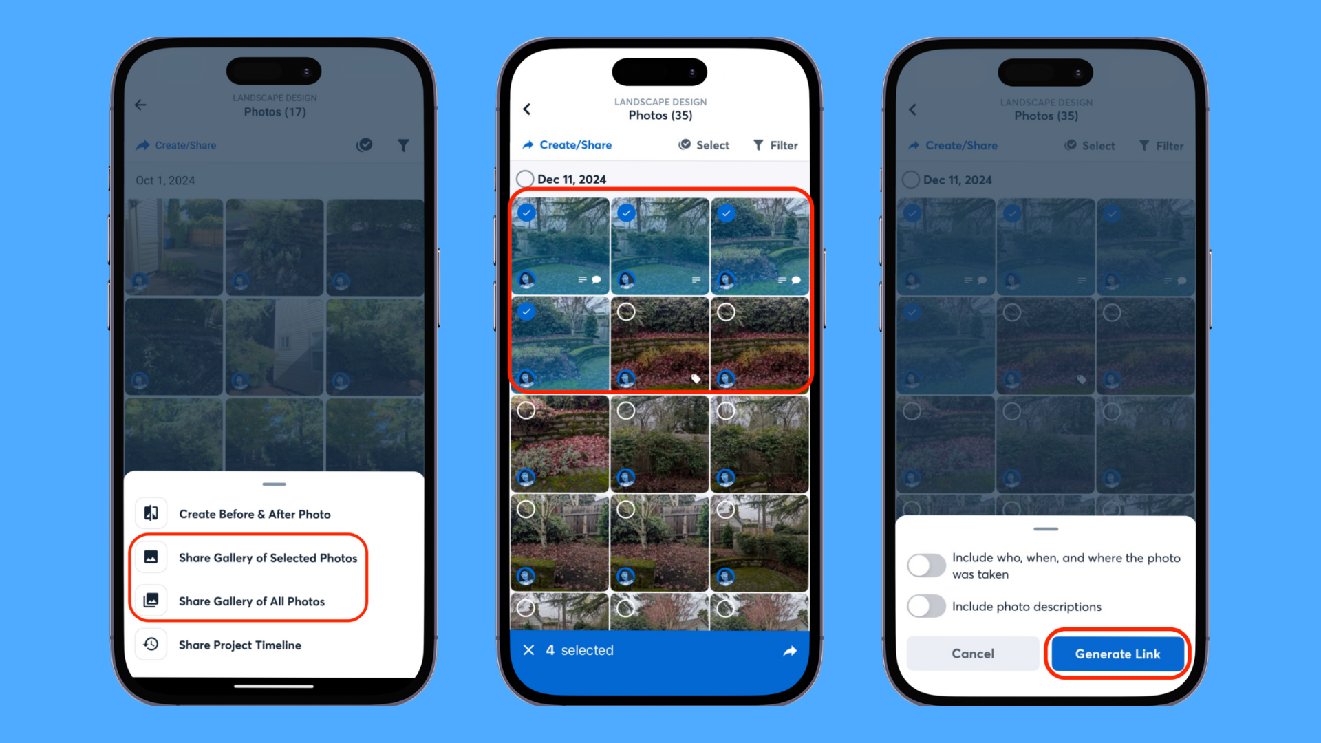 Three mobile screenshots showing how to select and share a photo gallery in CompanyCam. The steps include selecting photos, tapping “Share Gallery of Selected Photos,” and generating a link to send to customers.