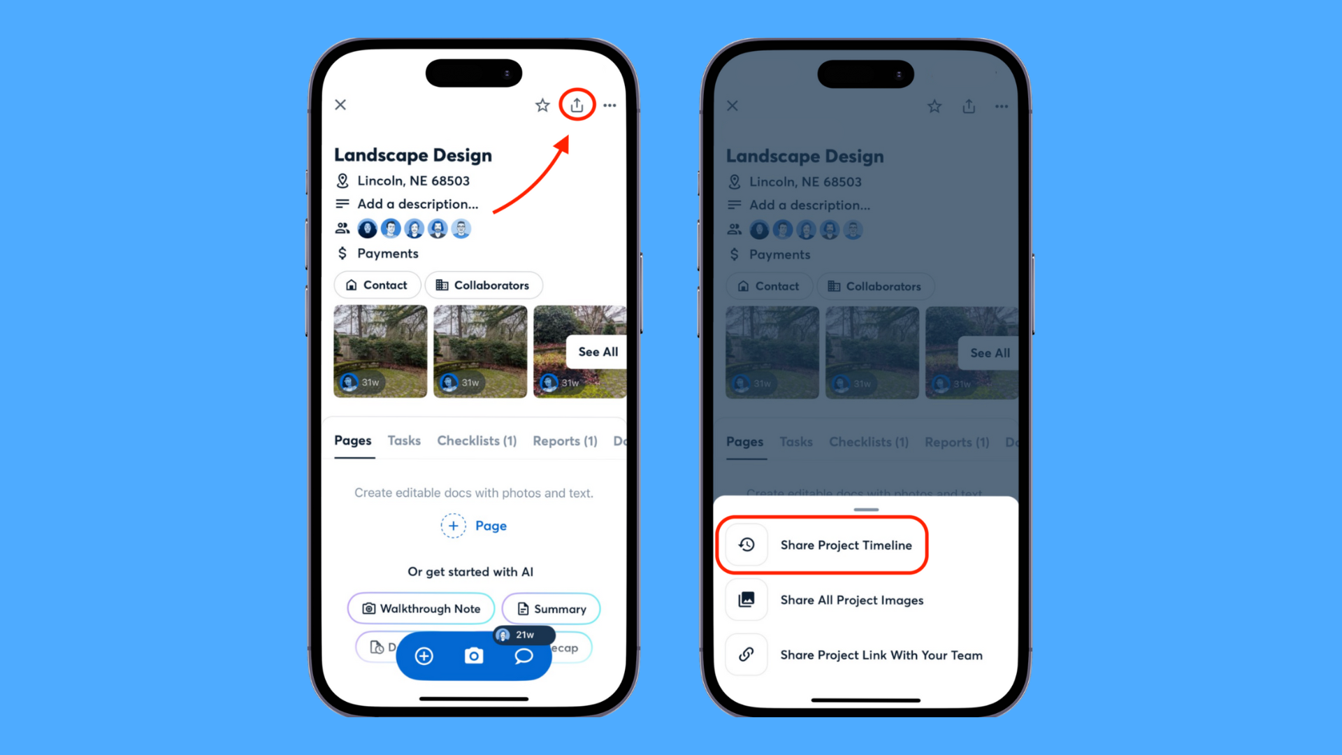 Two mobile screenshots showing how to share a project timeline in CompanyCam. The user taps the share icon on the project screen, then selects “Share Project Timeline” from the menu to generate a live link with real-time updates.