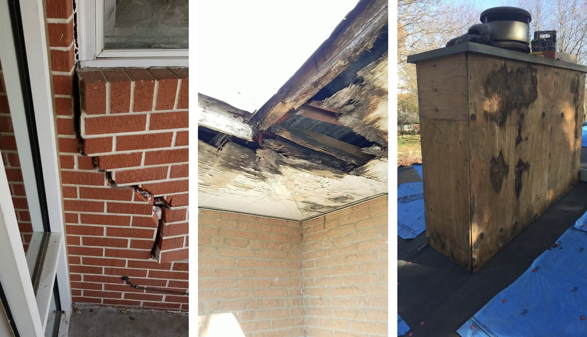 Photos of examples of home damage including structural brick wall crack, severe roof rot, and water-damaged chimney.