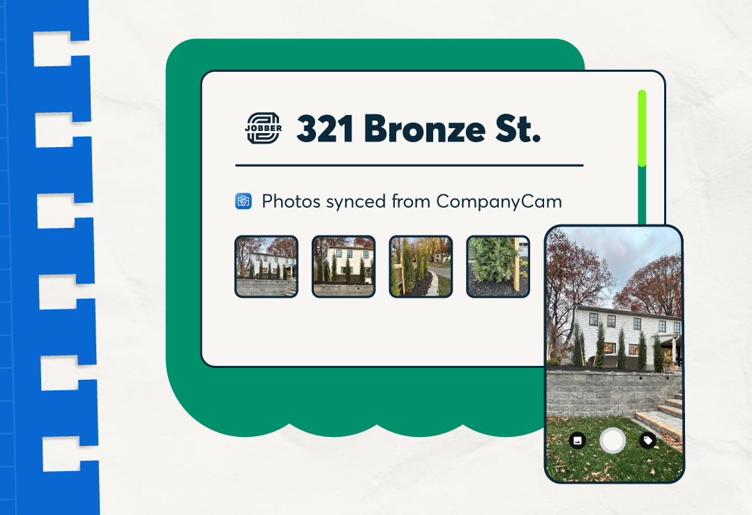 CompanyCam photos synced automatically to a Jobber job file for a homeowner property address.