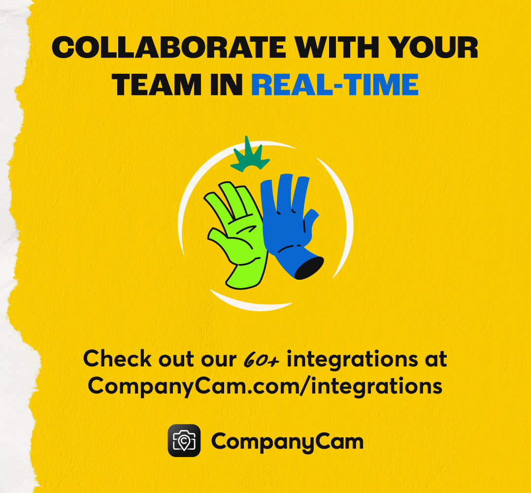 Graphic showing how CompanyCam helps teams work together in real-time using integrations like Jobber.