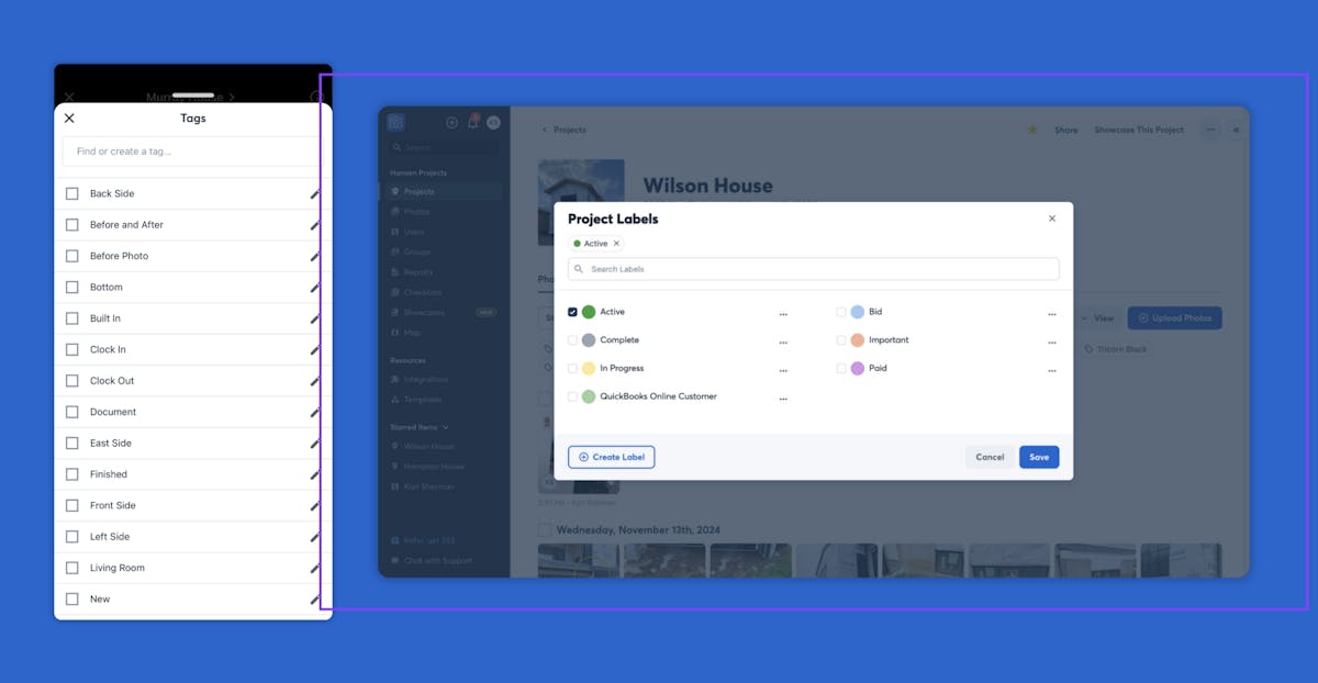tags and labels on companycam desktop and mobile