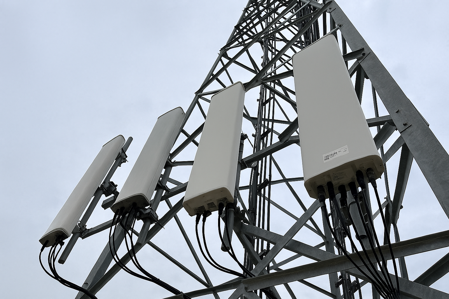 Upward angle photo of a steel lattice cell tower with multiple newly installed panel antennas and secured cable runs, captured from ground level