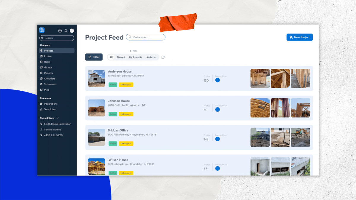 Project manager views Project Feed in app to monitor active job site progress without leaving the office.