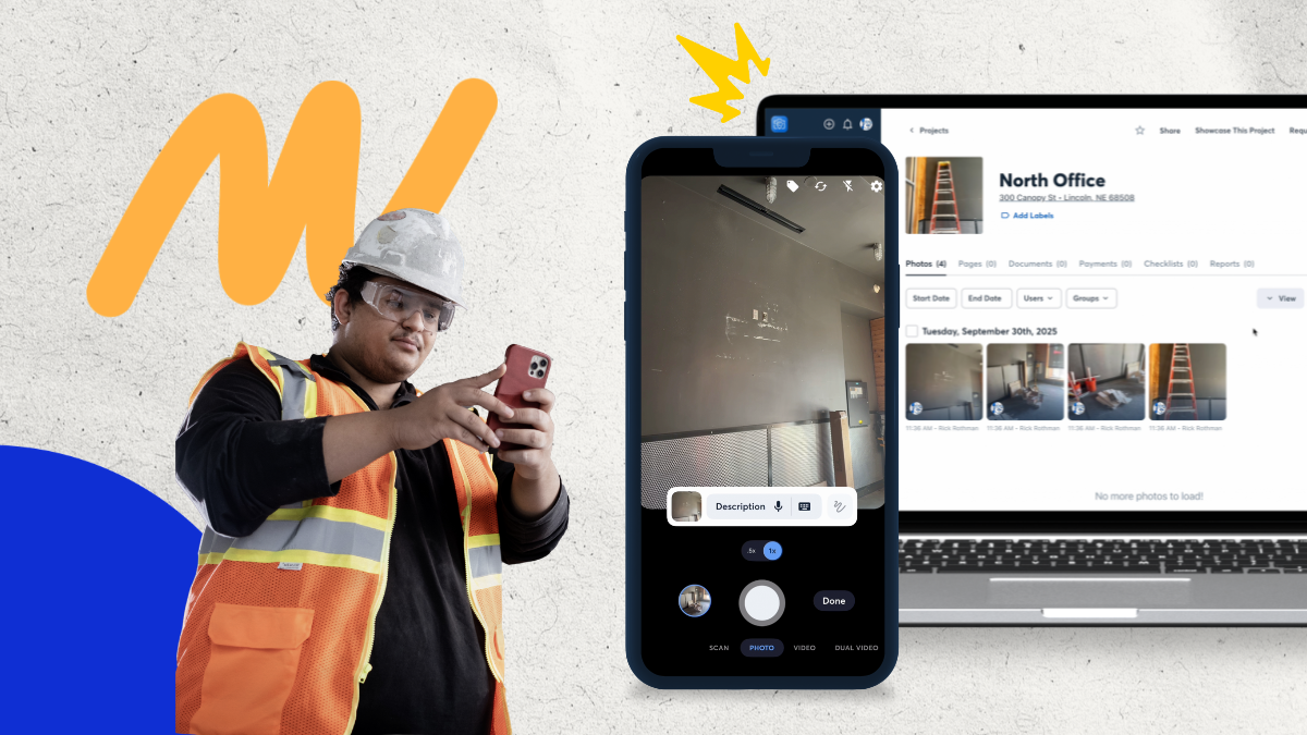 Contractor using CompanyCam Walkthrough Note on a smartphone to capture jobsite progress, with project photos syncing to desktop dashboard in real time.