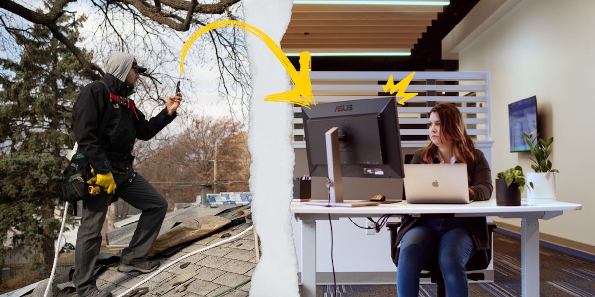 split image showing a contractor on a roof taking a photo with their phone on the left, and an office admin at a desk viewing a computer monitor on the right