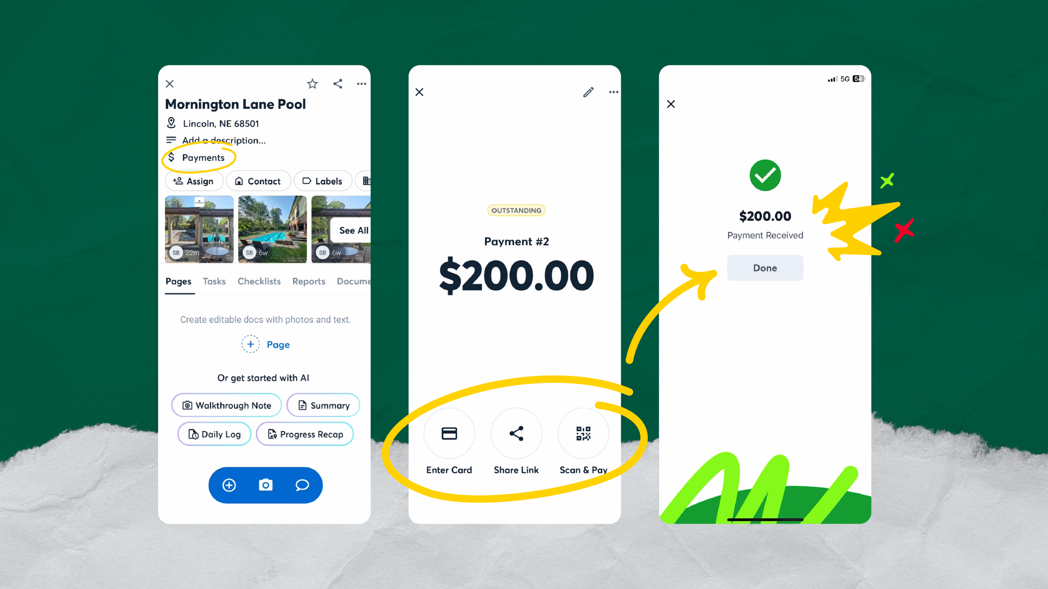 Mobile app interface showing how to request a $200 payment for a job project, with steps to add photos, enter card details, share a payment link, or scan and pay, followed by confirmation of payment received.